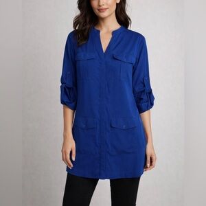 Express Blue Utility Tunic Shirt Dress | Roll Tab Sleeves | Medium